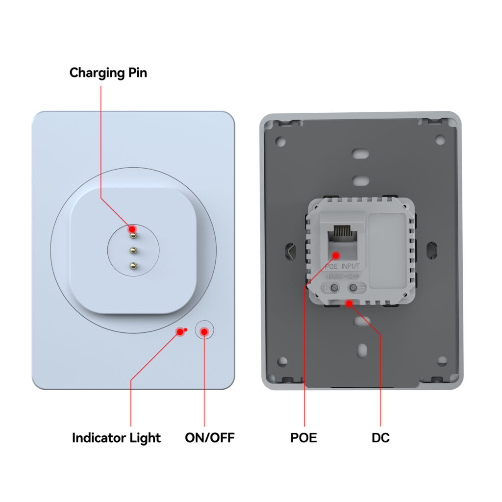 PoE iPad wall mount with hidden cables in a clean wall installation
