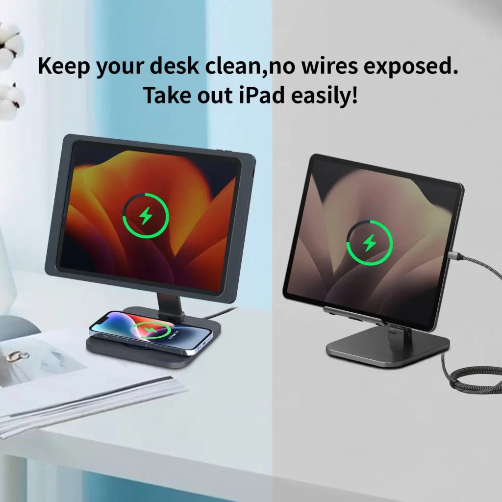 magnetic iPad stand – EMONITA 18W charging desk setup
