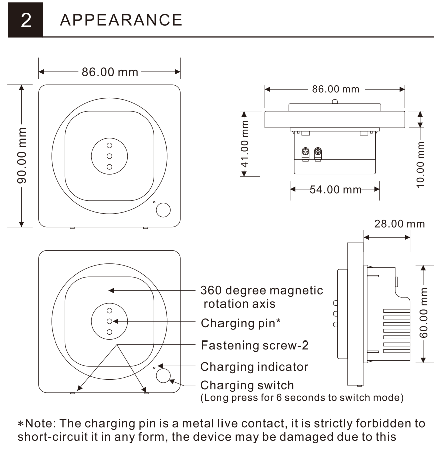 Tablet wall charging mount: EM-PW5025 Instructions, appearance, and installation of 86*86mm junction box